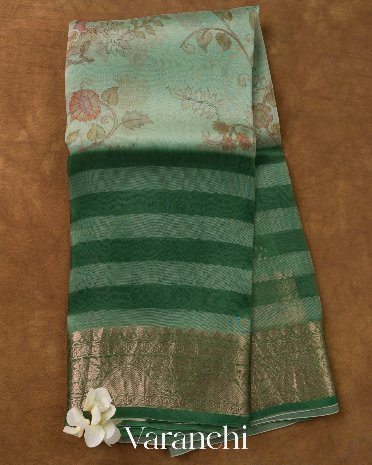 Sea Green Striped Kalamkari Pure Kora Silk Saree