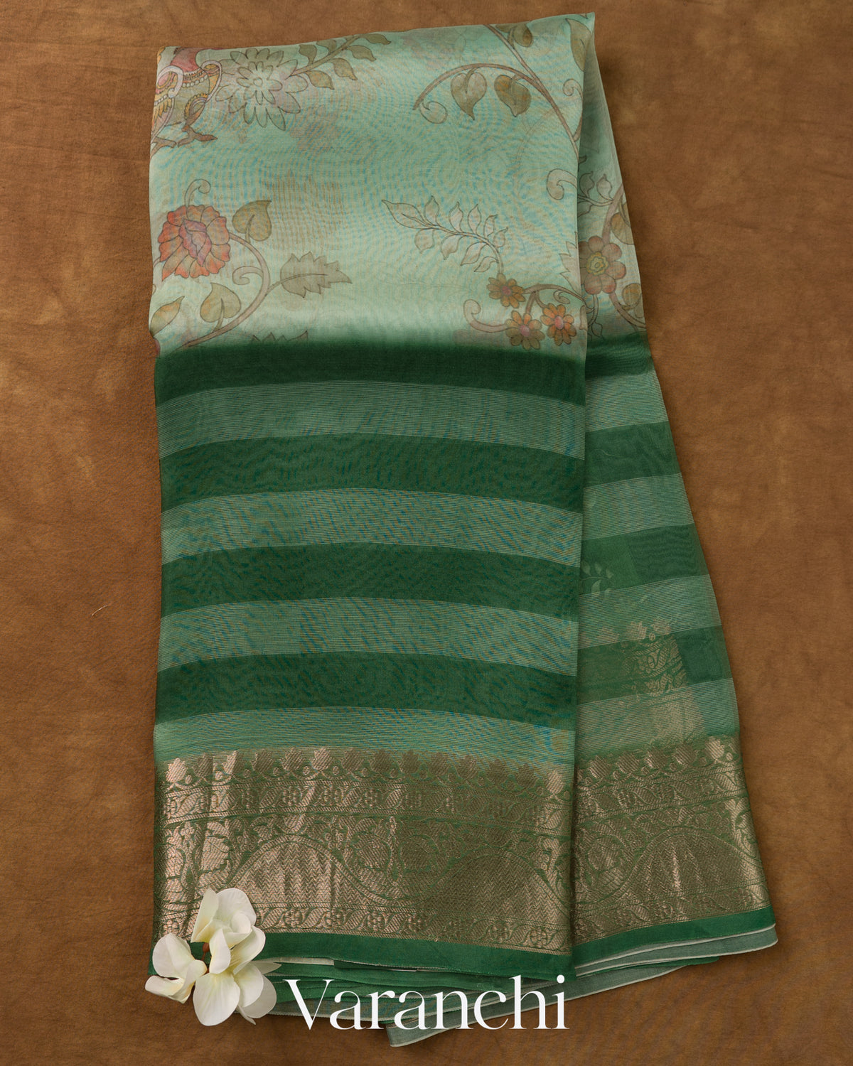 Sea Green Kalamkari Printed Pure Kora Silk Saree — Full Saree