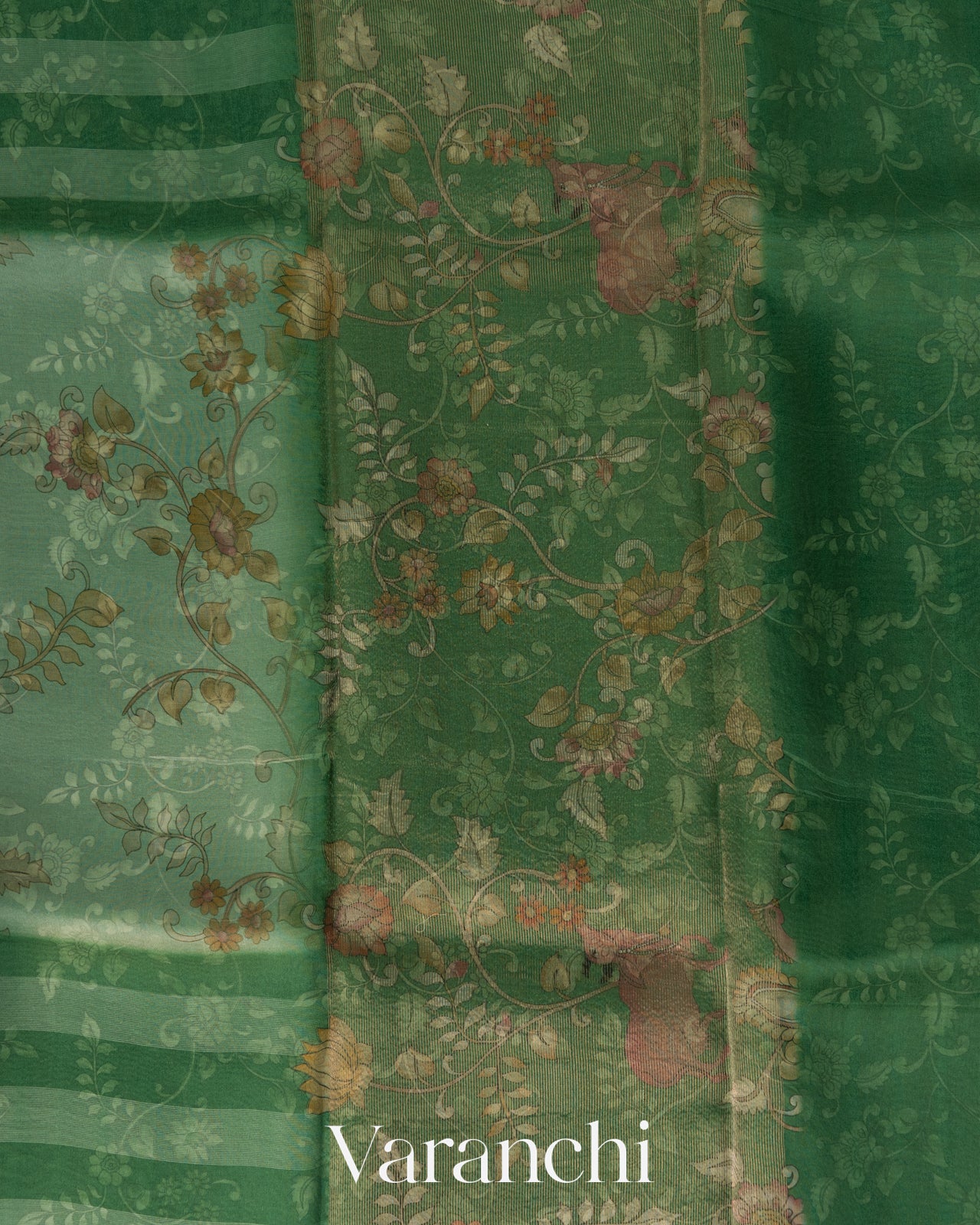 Sea Green Striped Kalamkari Pure Kora Silk Saree