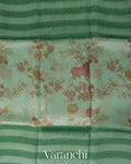 Sea Green Striped Kalamkari Pure Kora Silk Saree