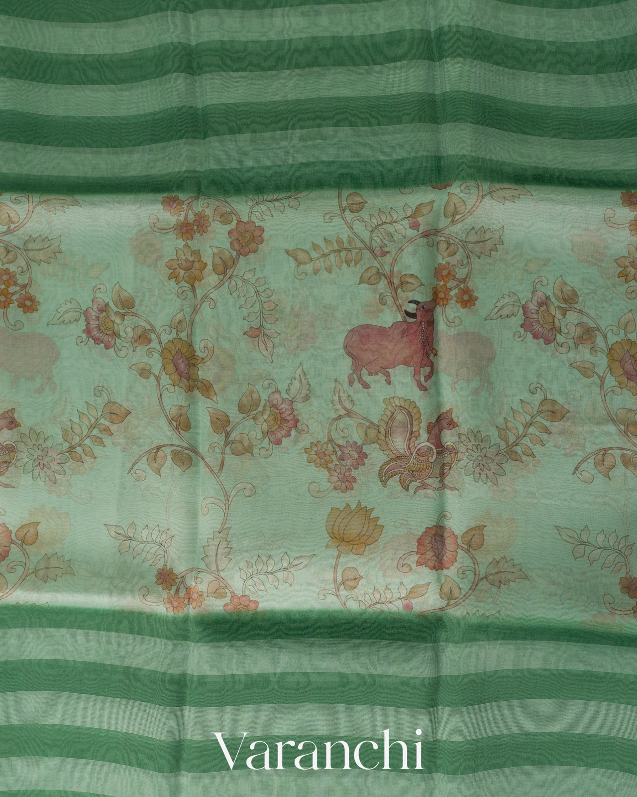 Sea Green Striped Kalamkari Pure Kora Silk Saree