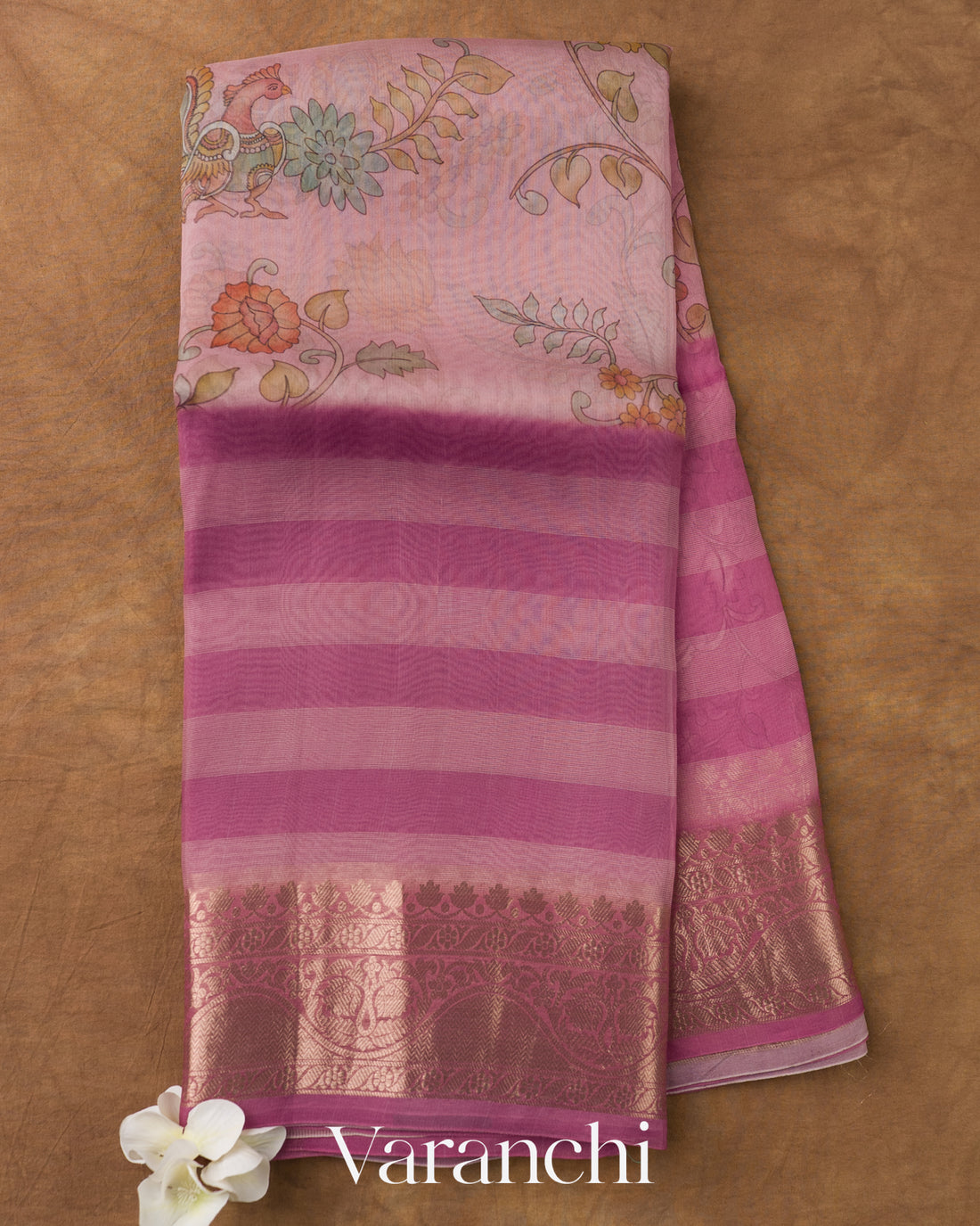 Blush Pink Kalamkari Printed Pure Kora Silk Saree