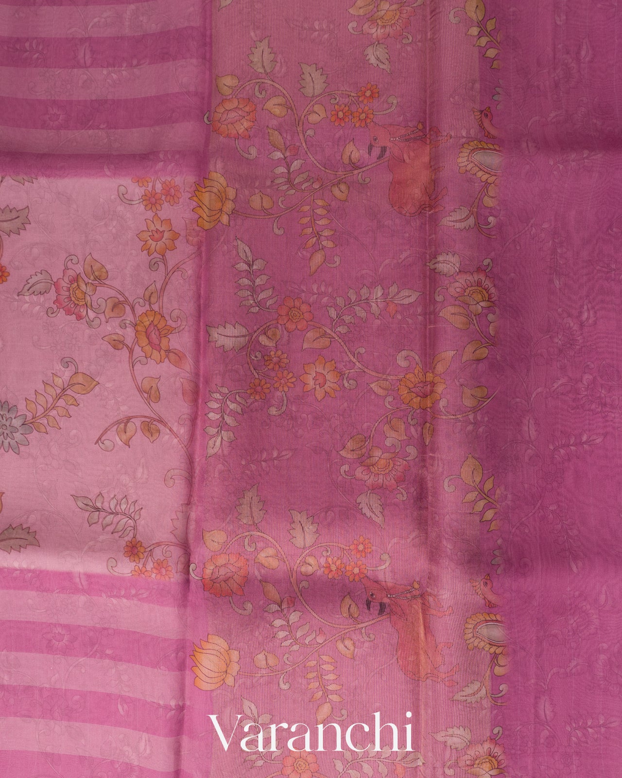 Blush Pink Striped Kalamkari Pure Kora Silk Saree