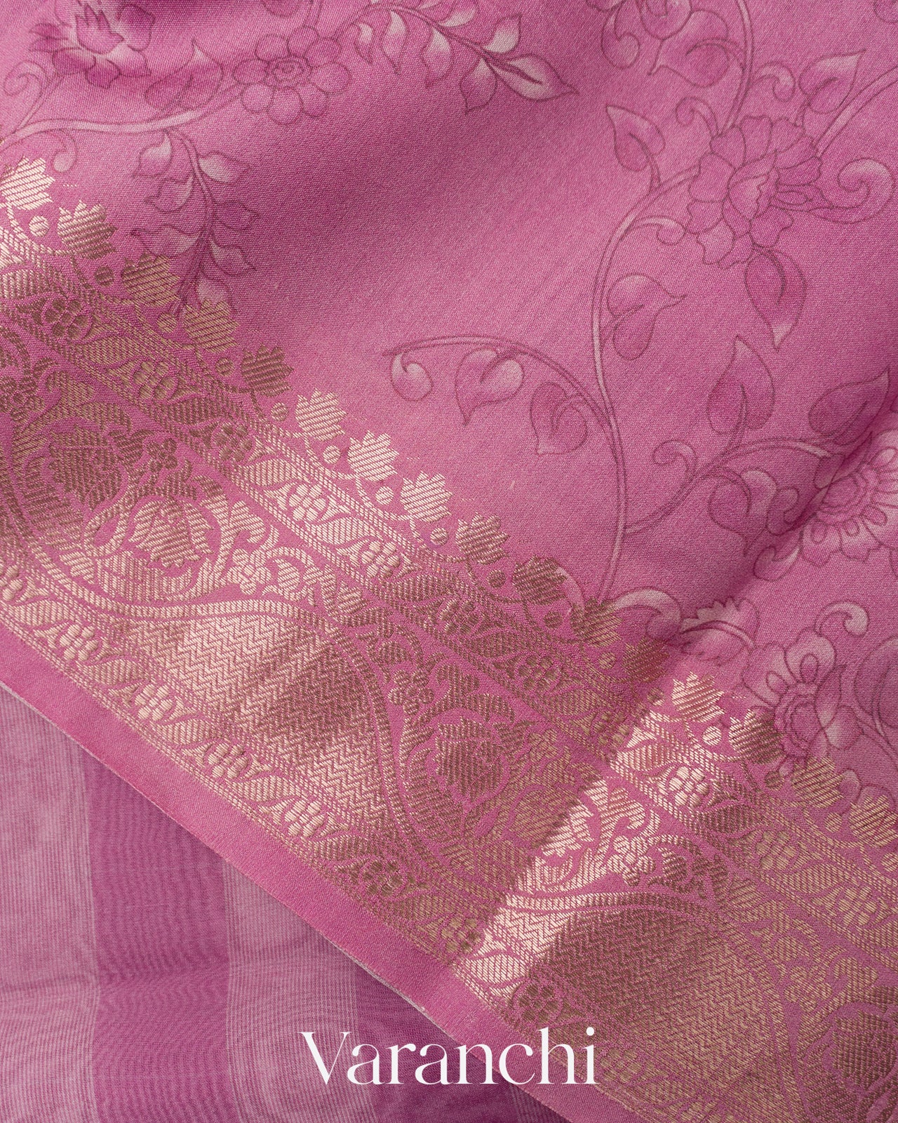 Blush Pink Striped Kalamkari Pure Kora Silk Saree