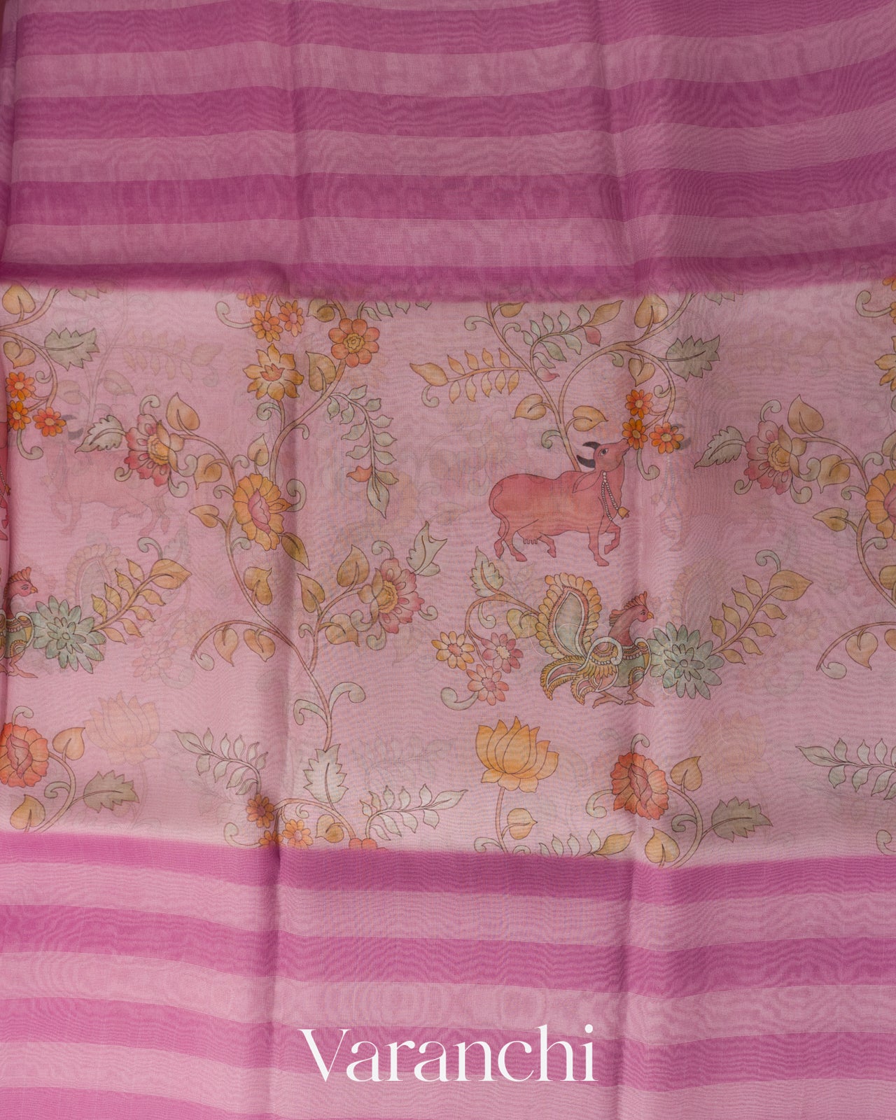 Blush Pink Striped Kalamkari Pure Kora Silk Saree