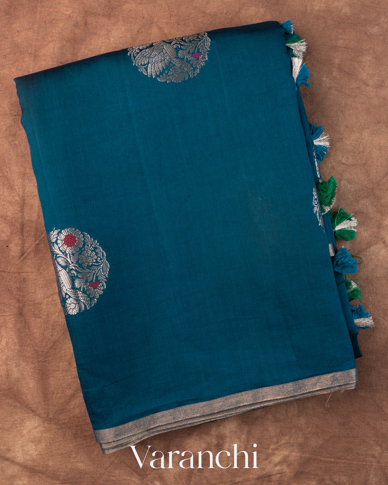 Peacock Blue Pure Chiniya Silk Saree