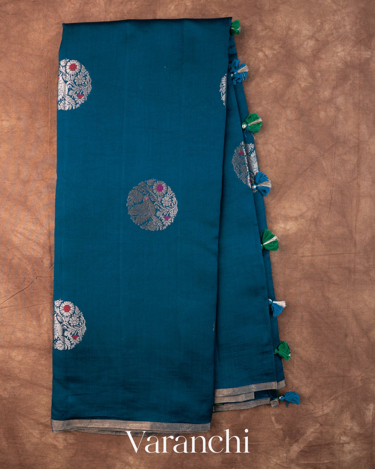 Peacock Blue Pure Chiniya Silk Saree