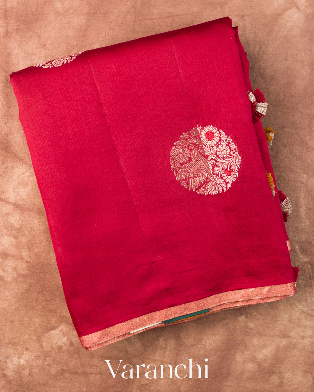 Crimson Red Pure Chiniya Silk Saree
