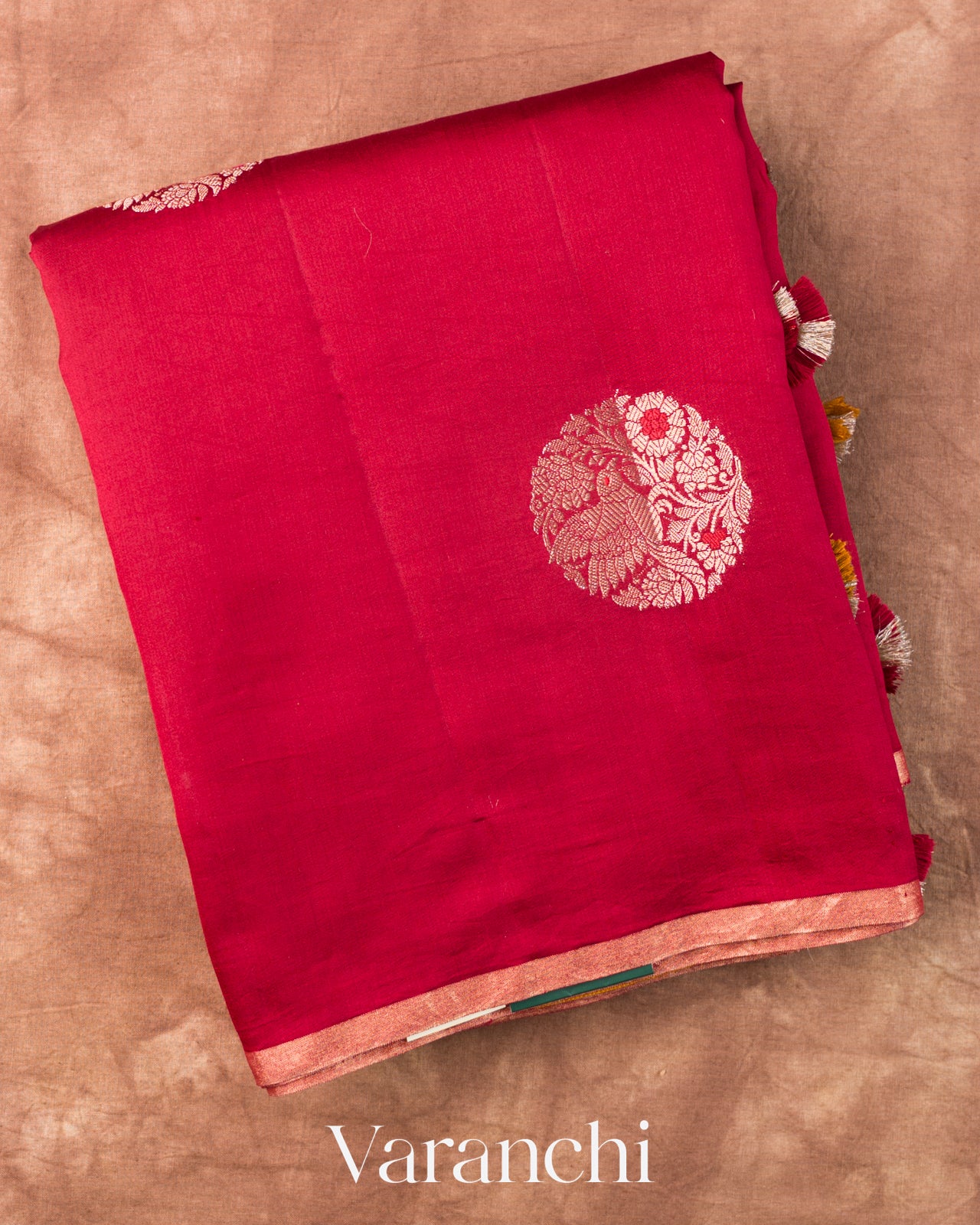 Crimson Red Pure Chiniya Silk Saree