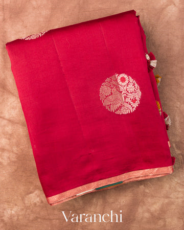 Crimson Red Pure Chiniya Silk Saree