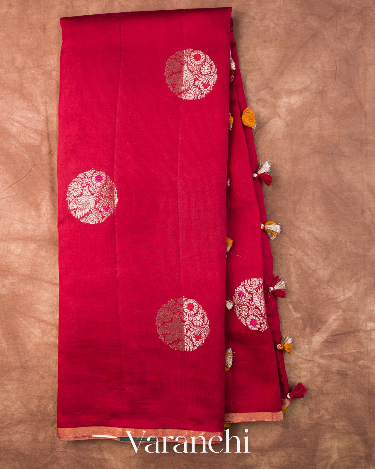 Crimson Red Pure Chiniya Silk Saree
