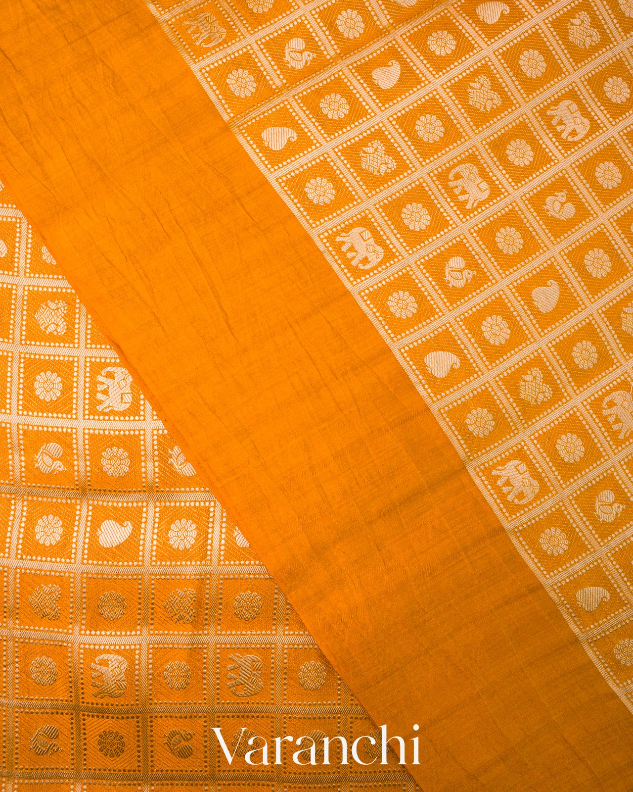 Turmeric Orange Checked Brocade Pure Chiniya Silk Saree