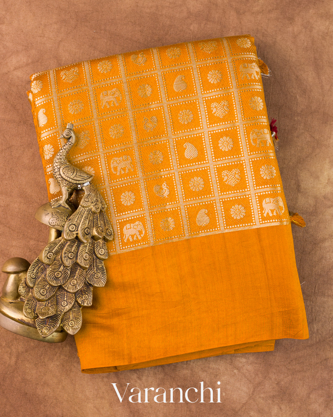 Turmeric Orange Checkered Brocade Pure Chiniya Silk Saree