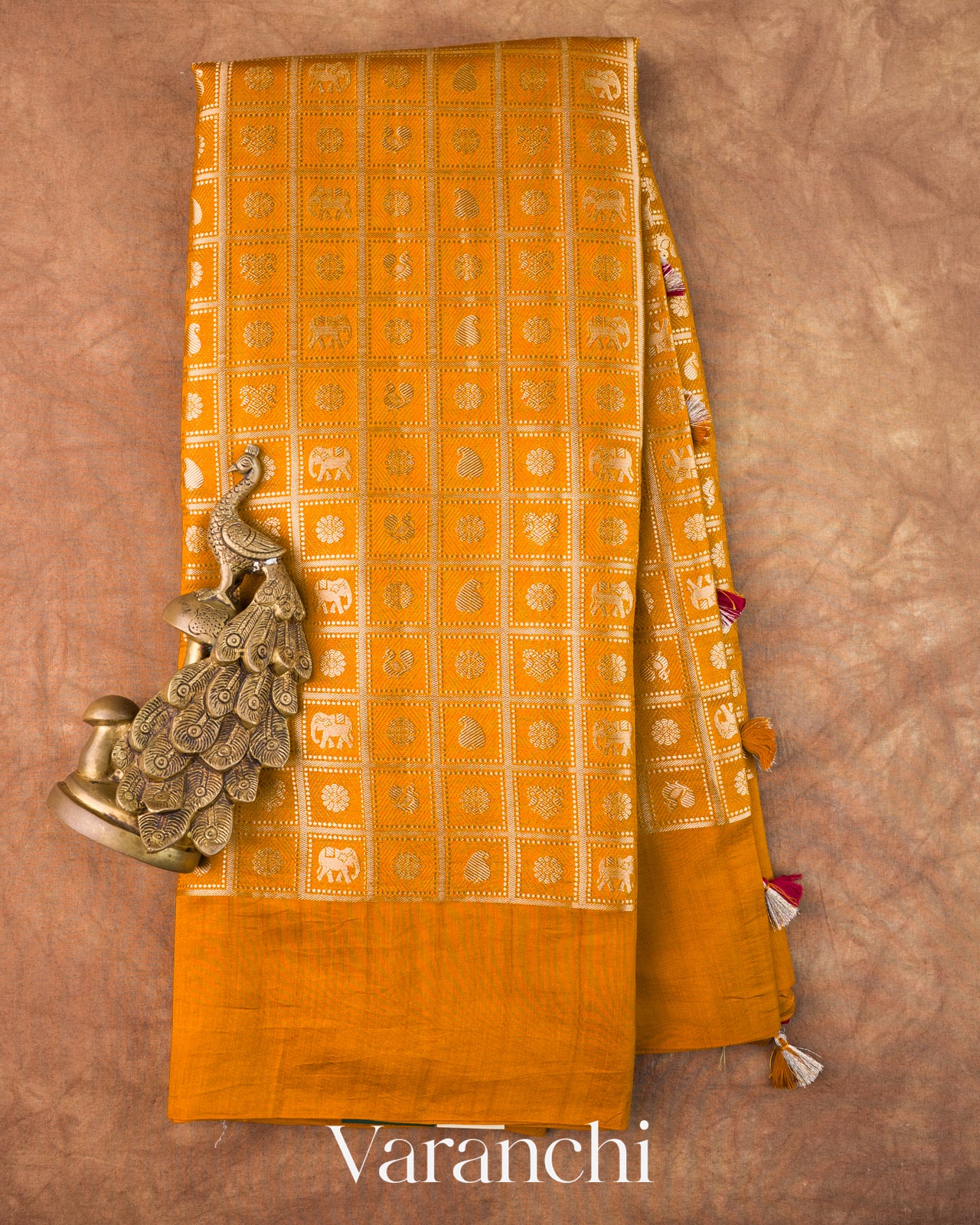 Turmeric Orange Checked Brocade Pure Chiniya Silk Saree