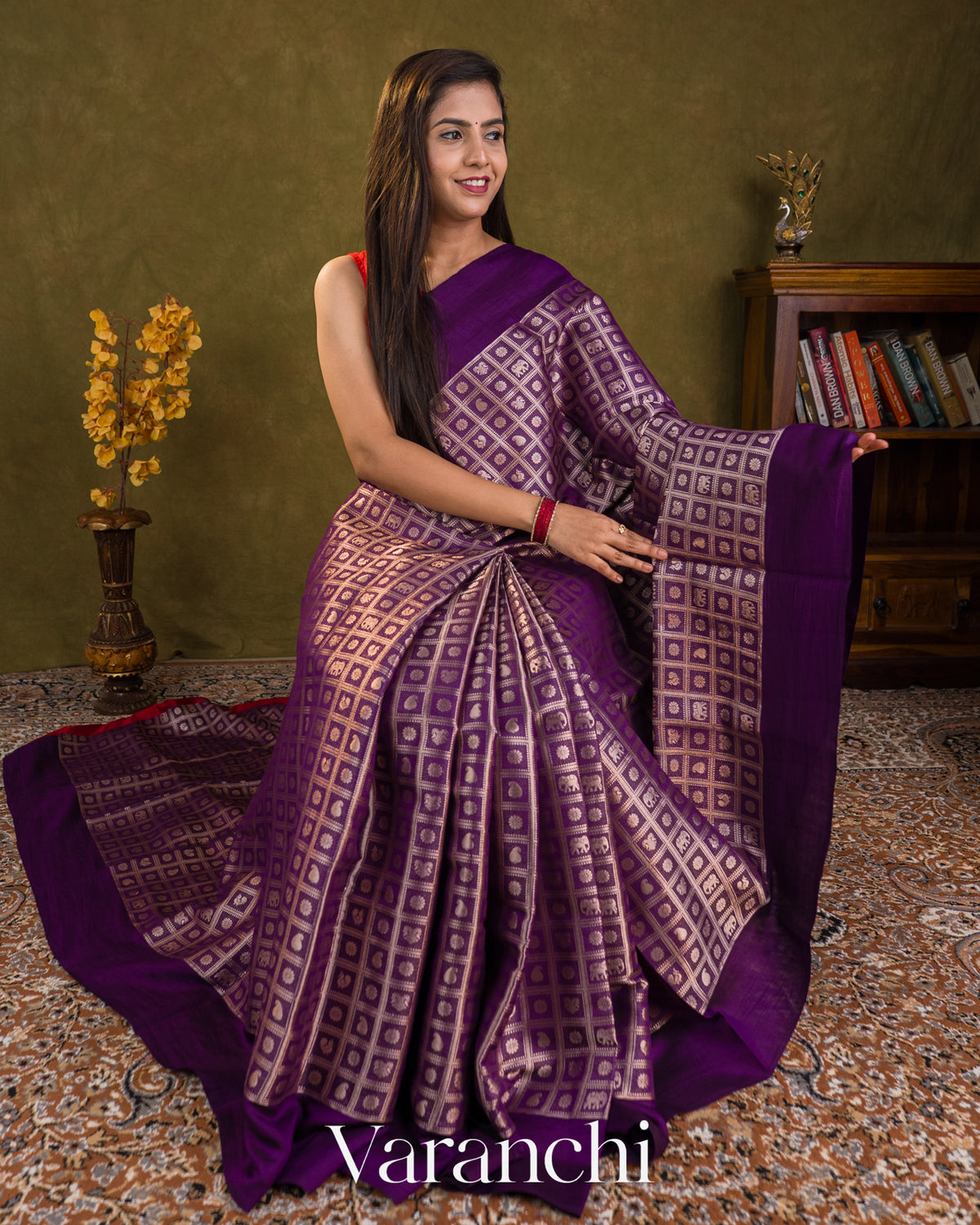 Purple Checkered Brocade Pure Chiniya Silk Saree