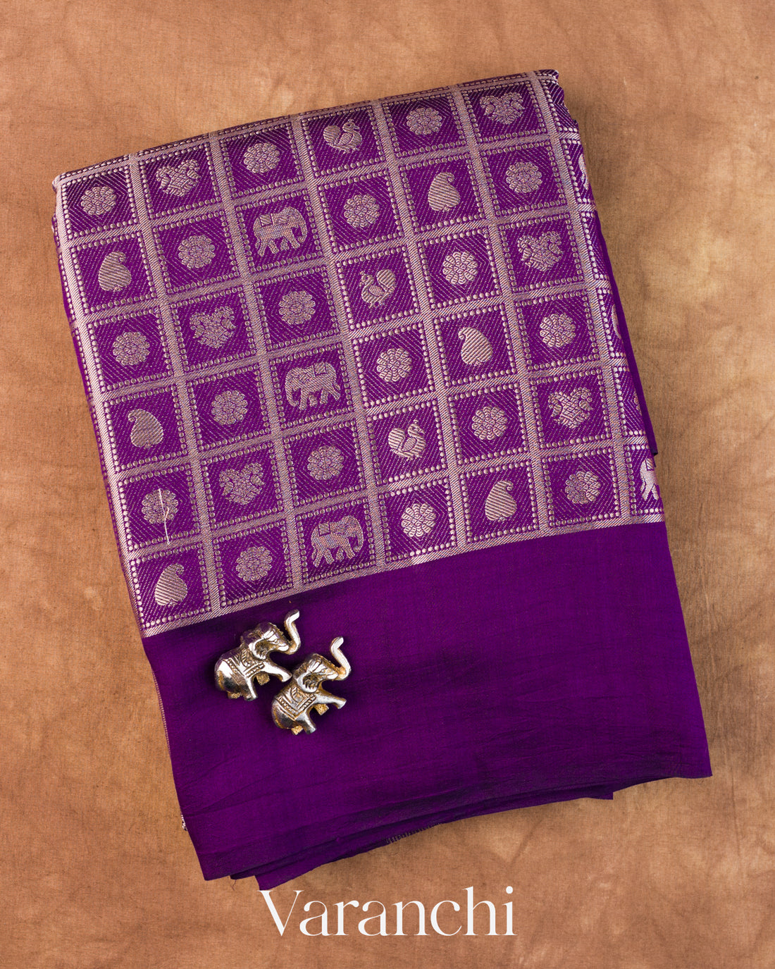 Purple Checkered Brocade Pure Chiniya Silk Saree