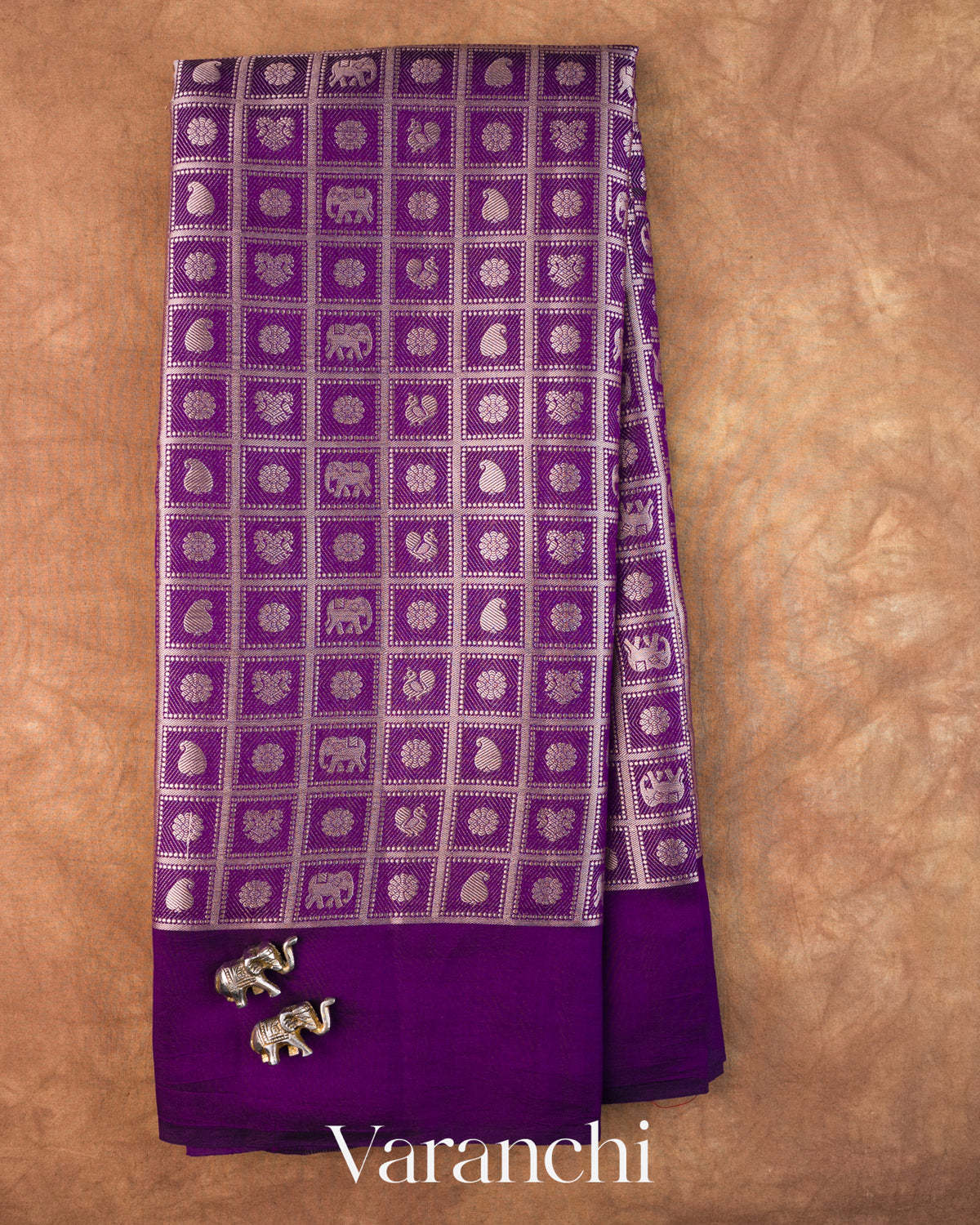 Purple Checkered Brocade Pure Chiniya Silk Saree