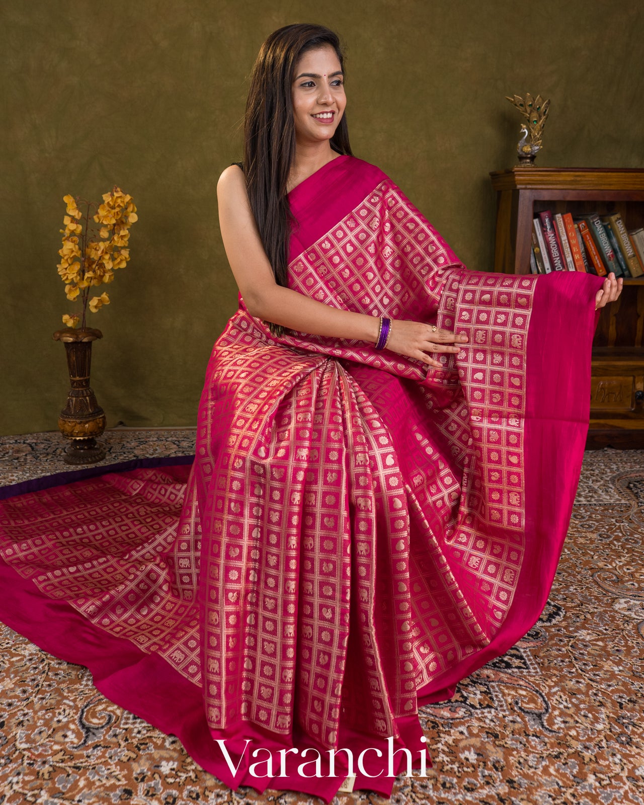 Rani Pink Checkered Brocade Pure Chiniya Silk Saree