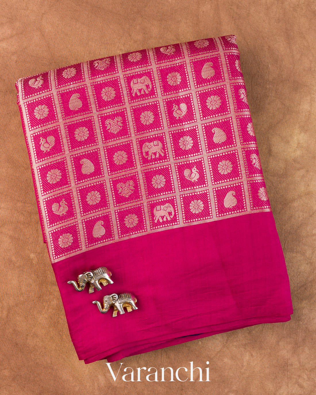 Rani Pink Checkered Brocade Pure Chiniya Silk Saree