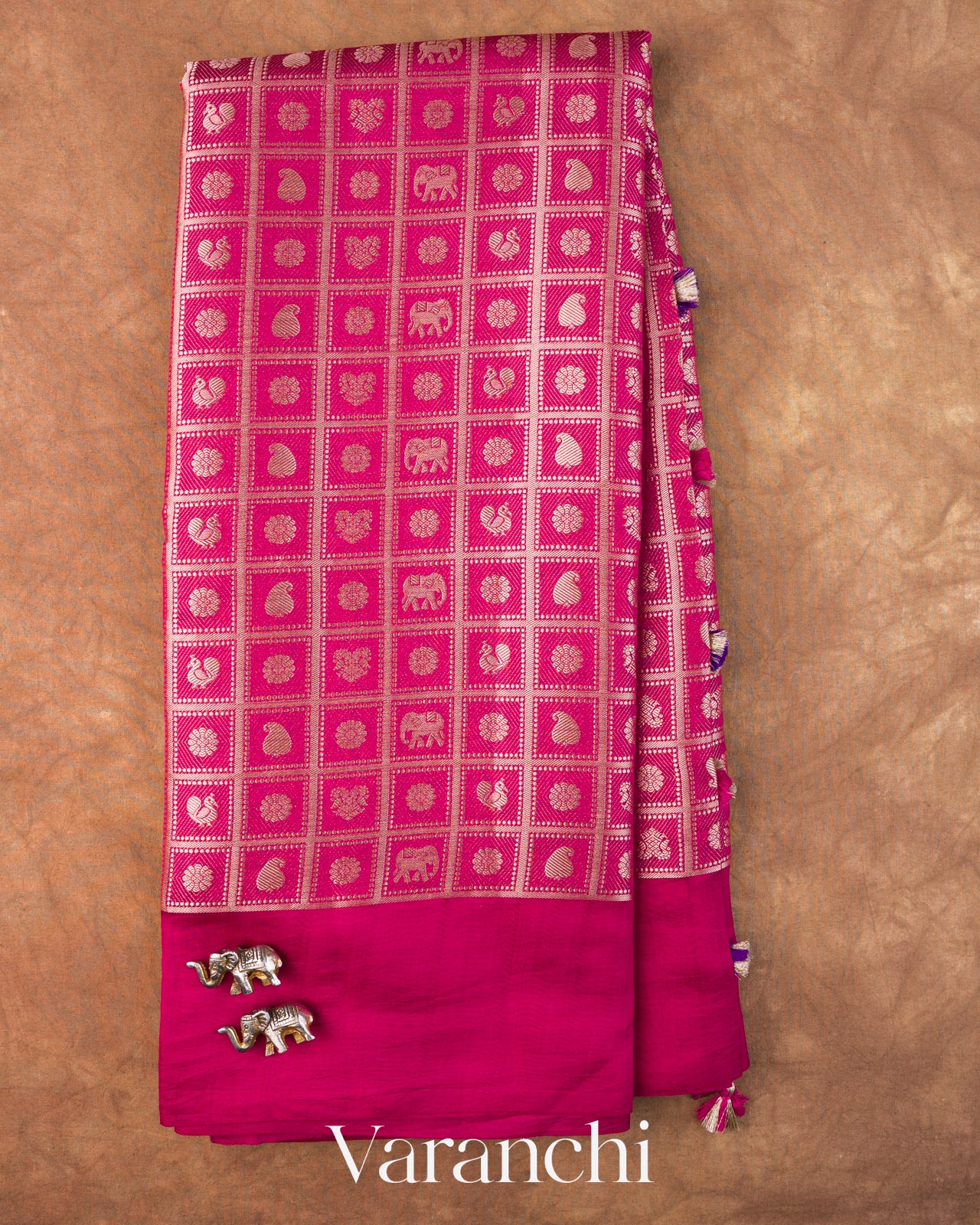 Rani Pink Checkered Brocade Pure Chiniya Silk Saree
