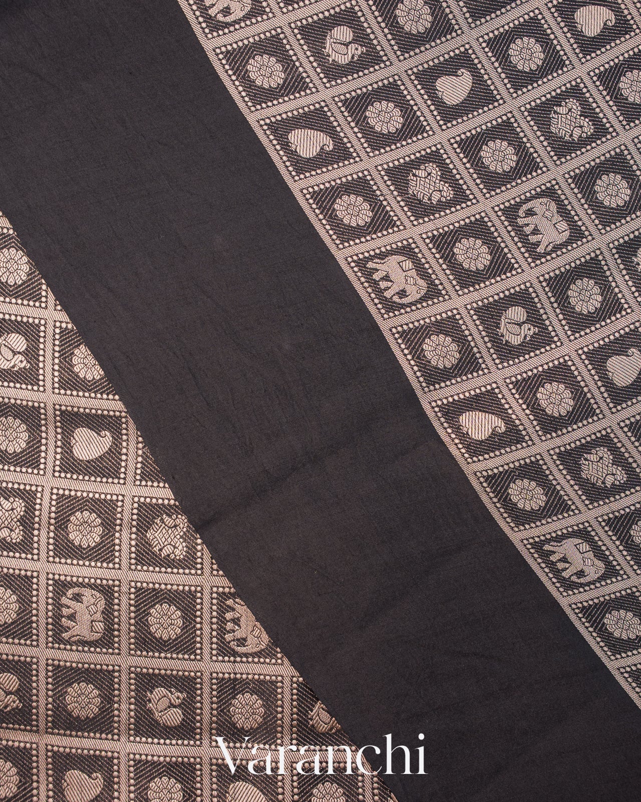 Black Checked Brocade Pure Chiniya Silk Saree