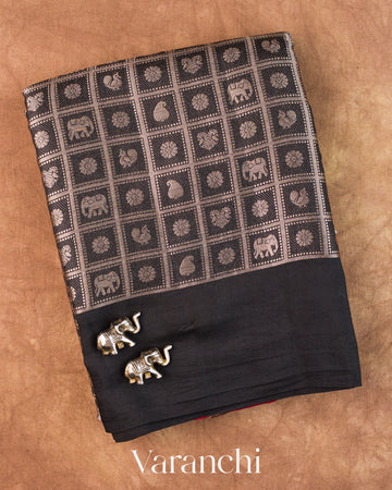 Black Checked Brocade Pure Chiniya Silk Saree