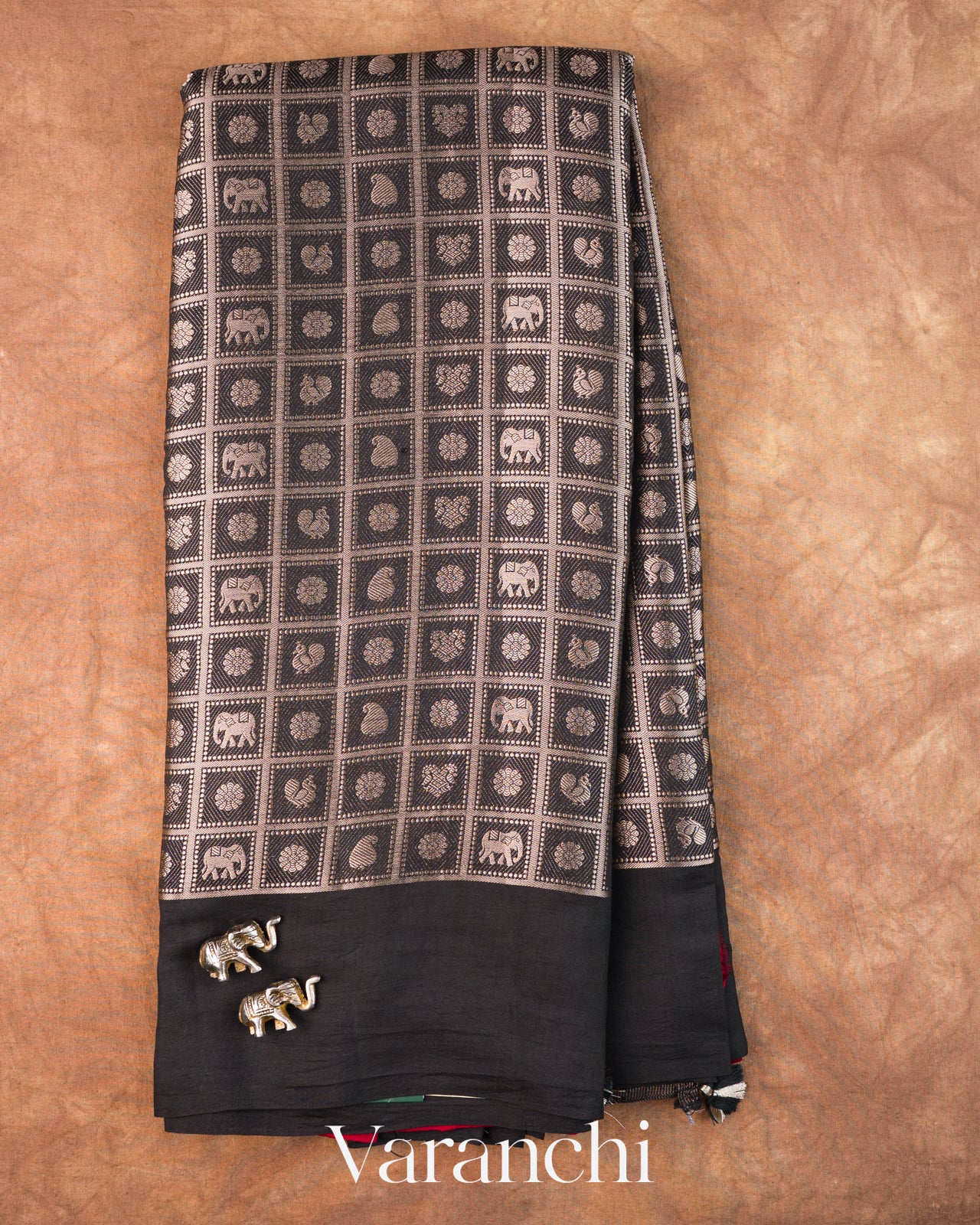 Black Checked Brocade Pure Chiniya Silk Saree