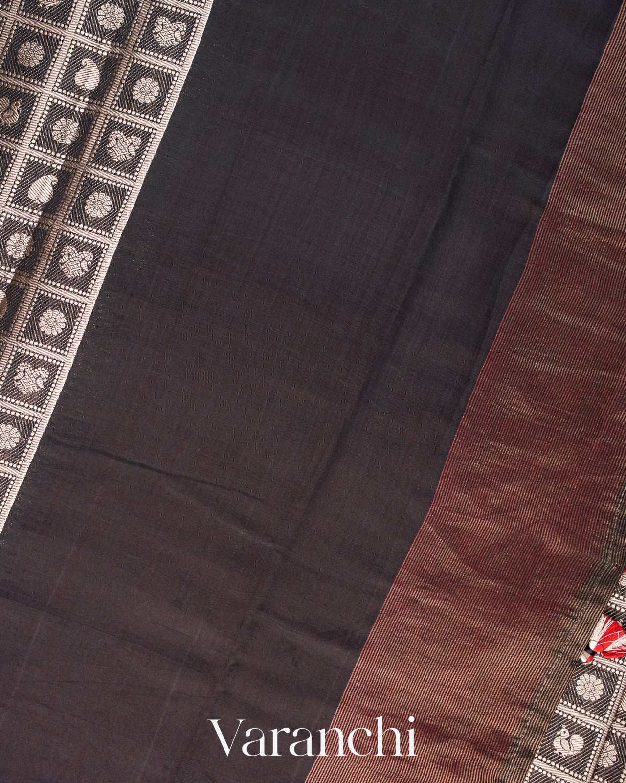 Black Checked Brocade Pure Chiniya Silk Saree