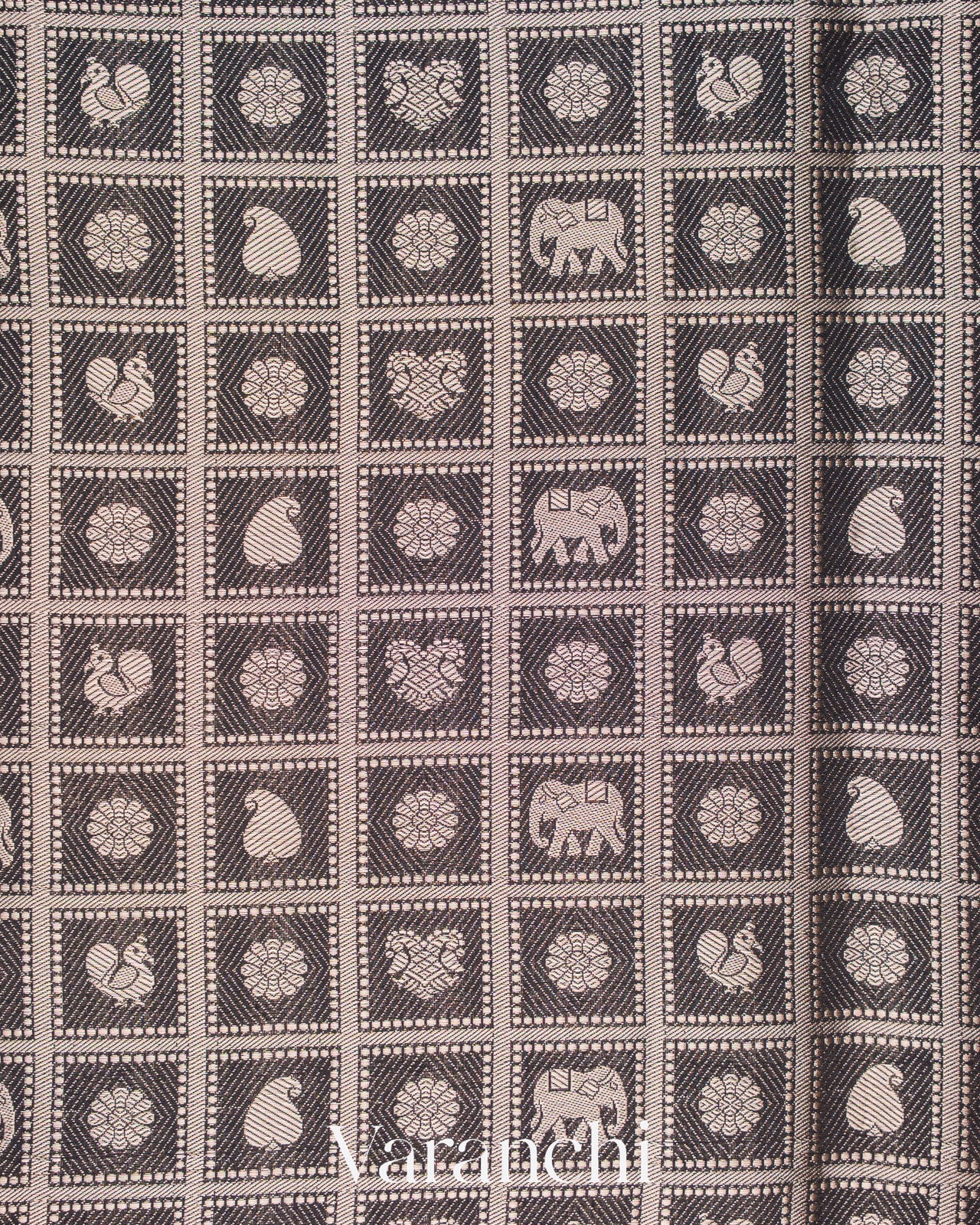 Black Checked Brocade Pure Chiniya Silk Saree