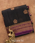 Jet Black Pure Kora Silk Saree
