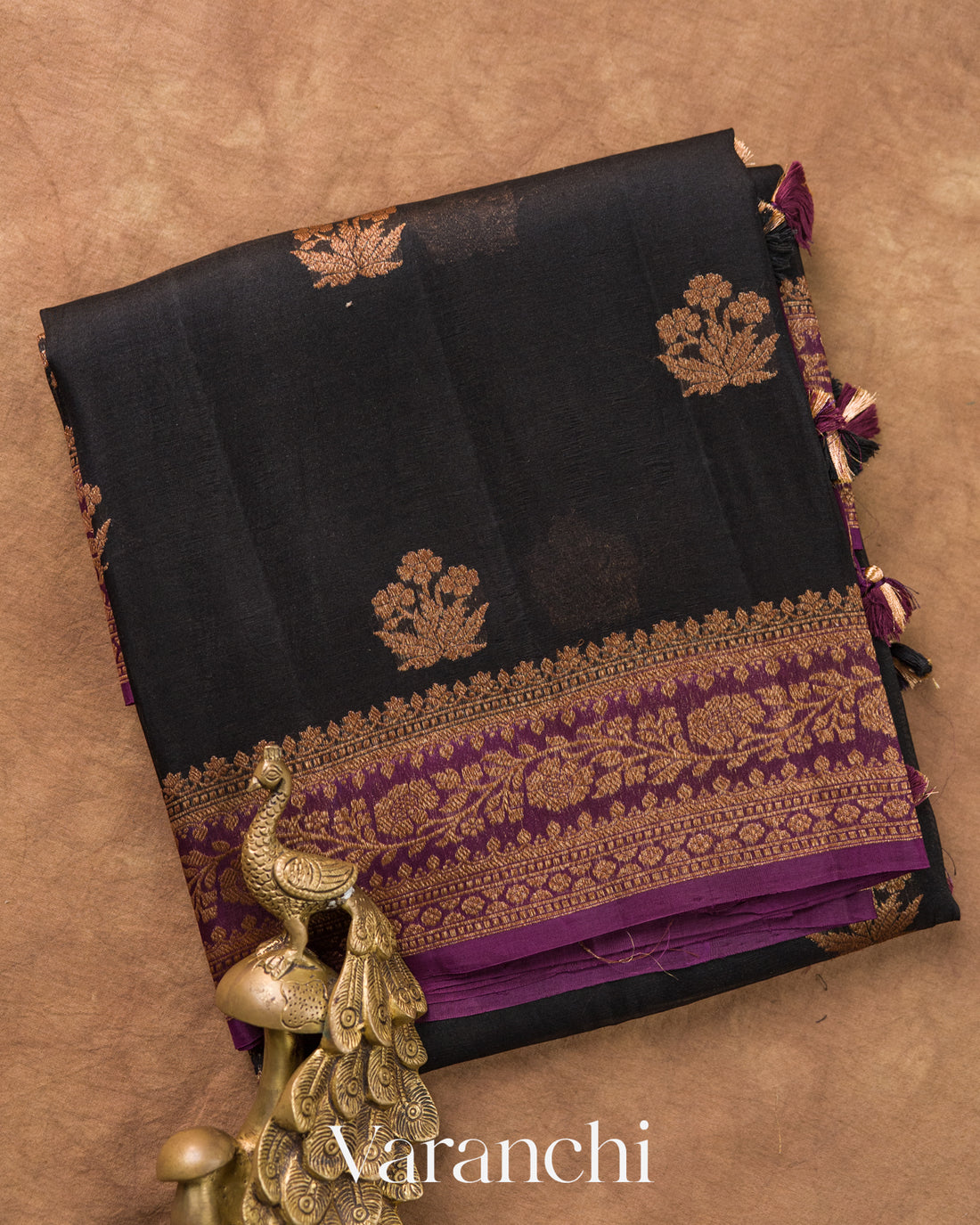 Jet Black Pure Kora Silk Handloom Saree