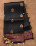 Jet Black Pure Kora Silk Saree