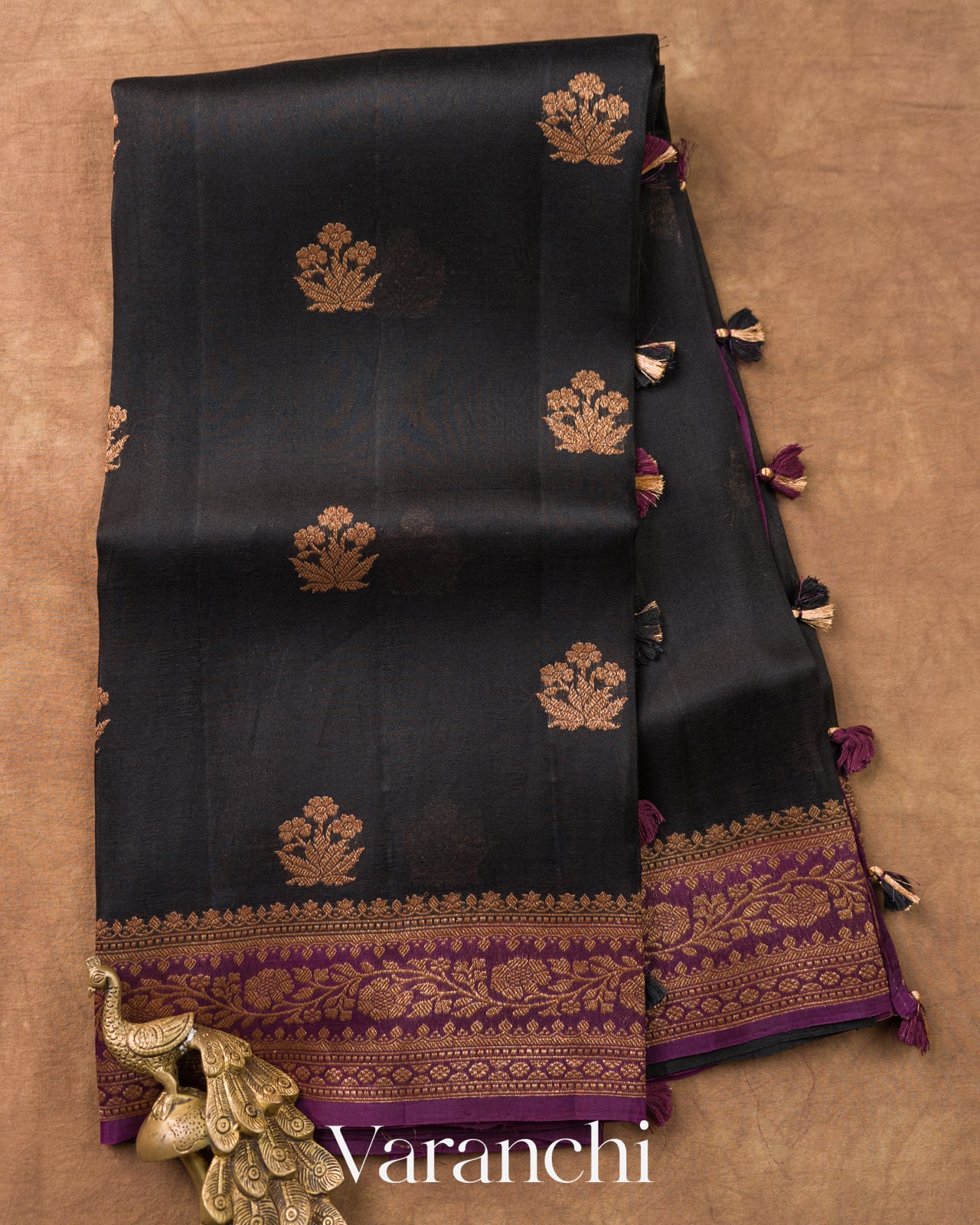 Jet Black Pure Kora Silk Saree