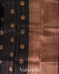 Jet Black Pure Kora Silk Saree