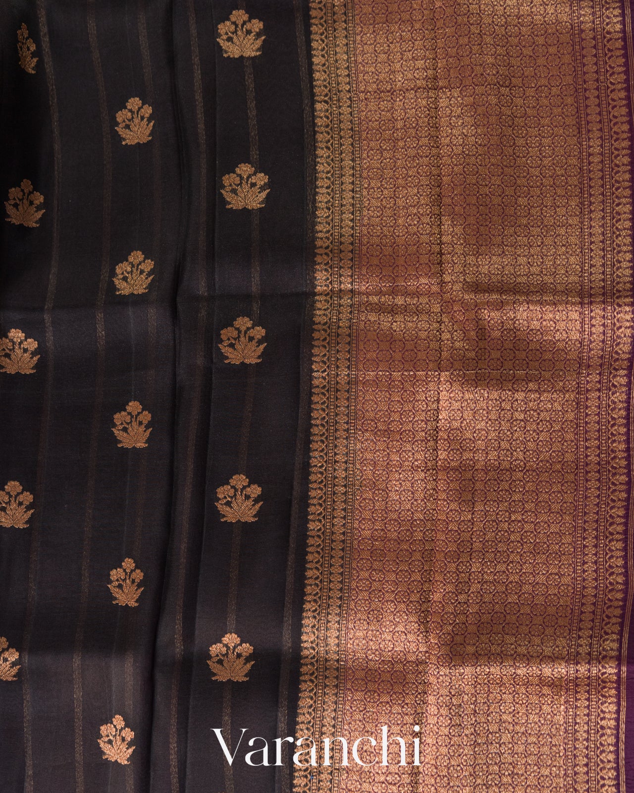 Jet Black Pure Kora Silk Saree