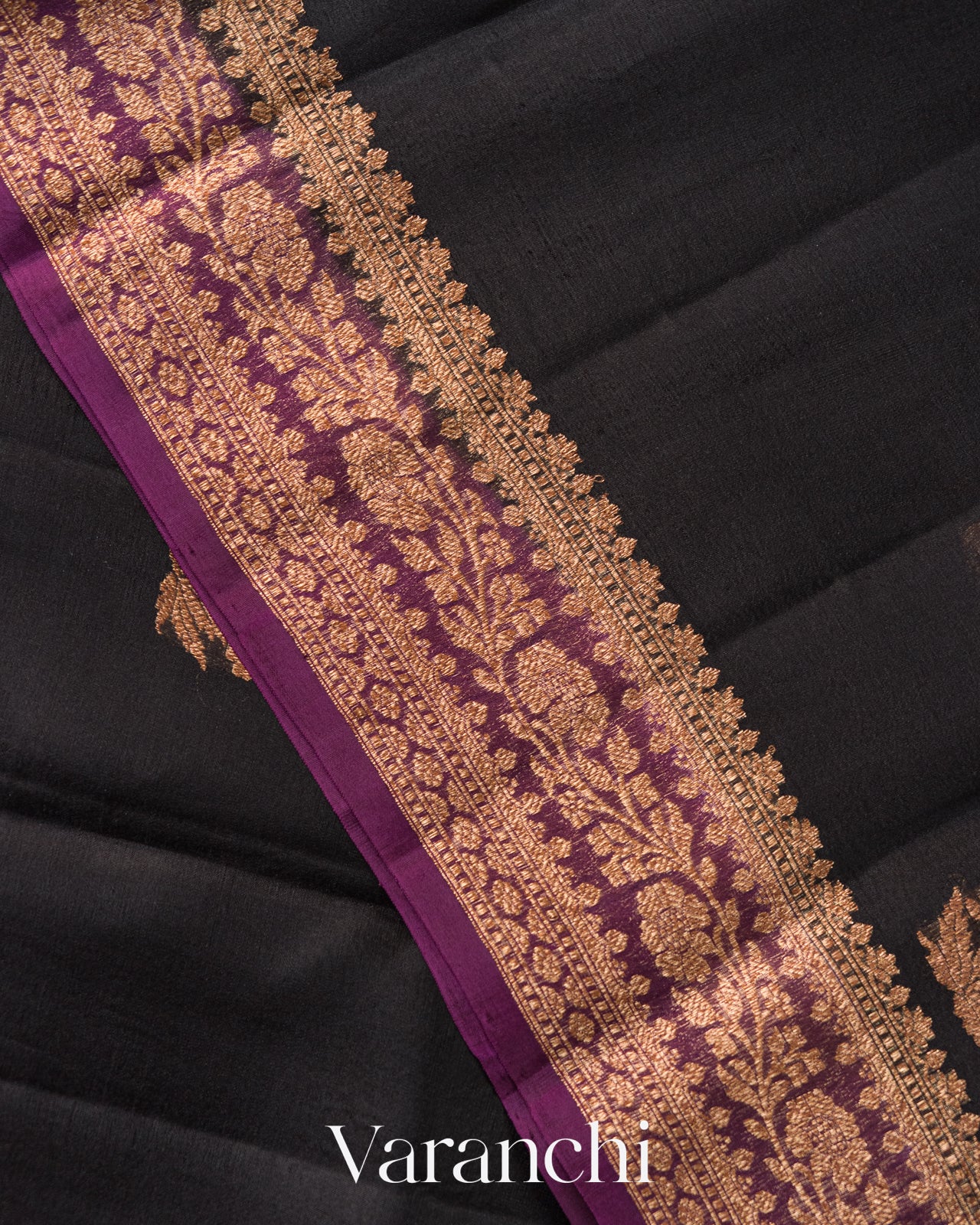 Jet Black Pure Kora Silk Saree