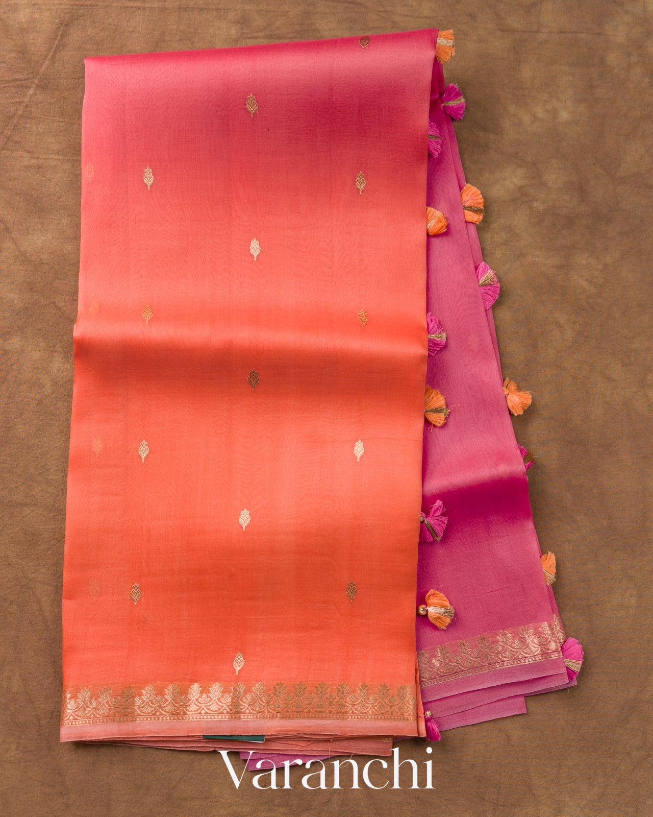 Coral Ombre-dyed Pure Kora Silk Saree