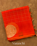 Tangerine Orange Checkered Pure Kora Silk Saree