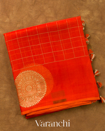 Tangerine Orange Checkered Pure Kora Silk Saree