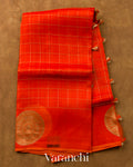 Tangerine Orange Checkered Pure Kora Silk Saree