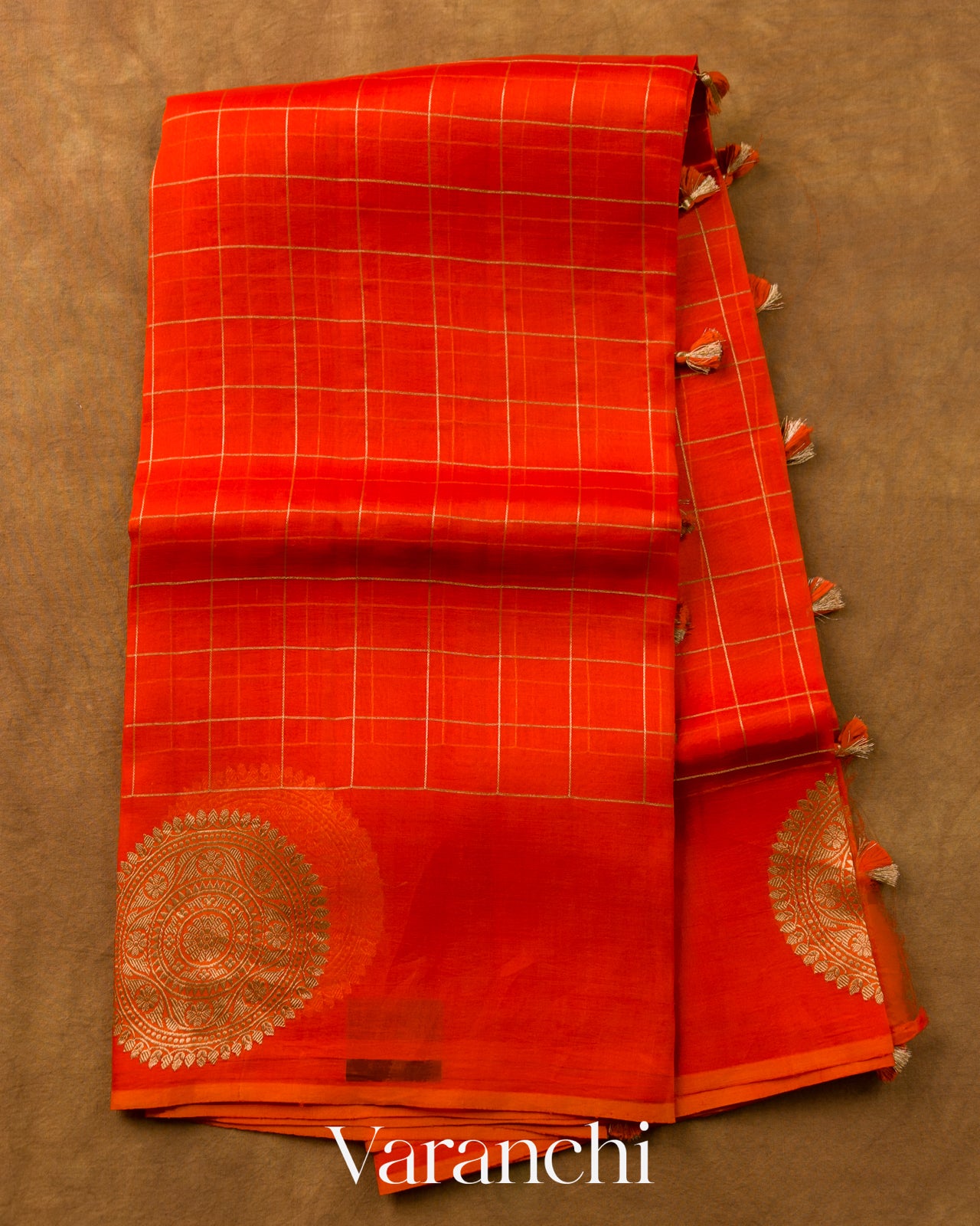 Tangerine Orange Checkered Pure Kora Silk Saree