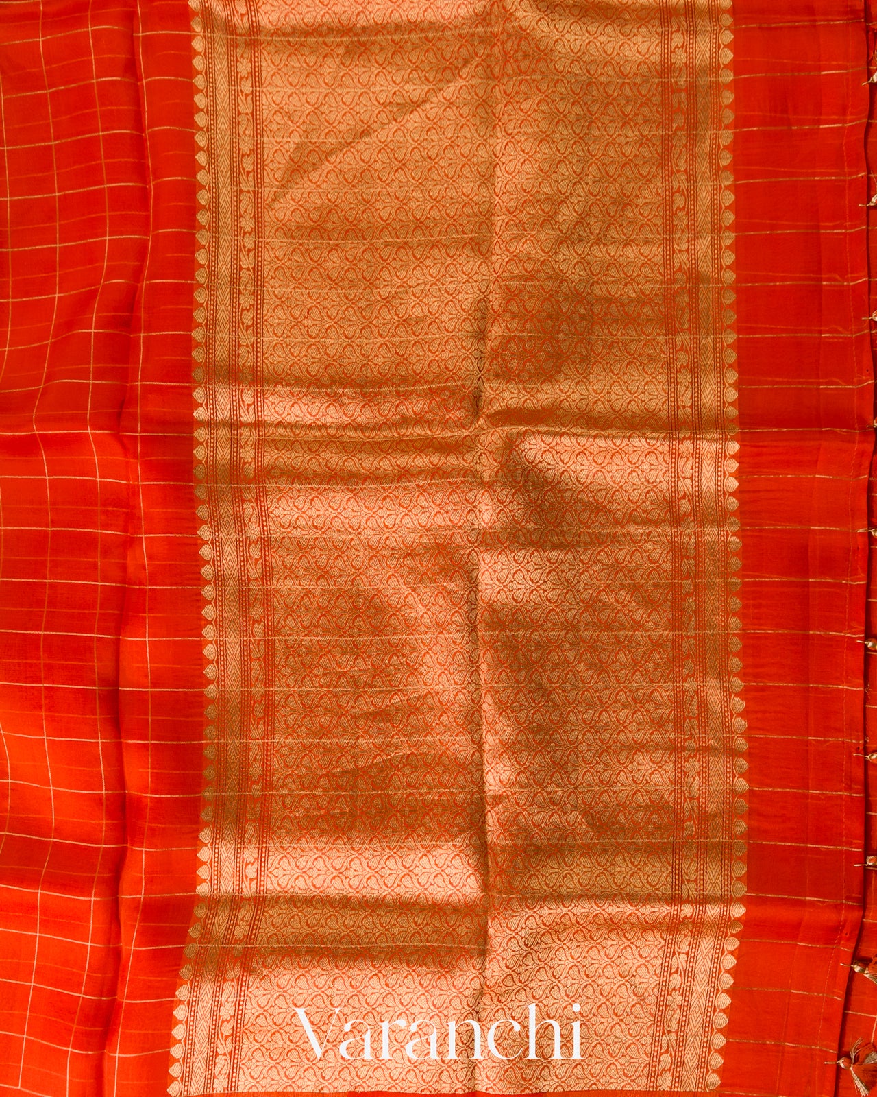 Tangerine Orange Checkered Pure Kora Silk Saree