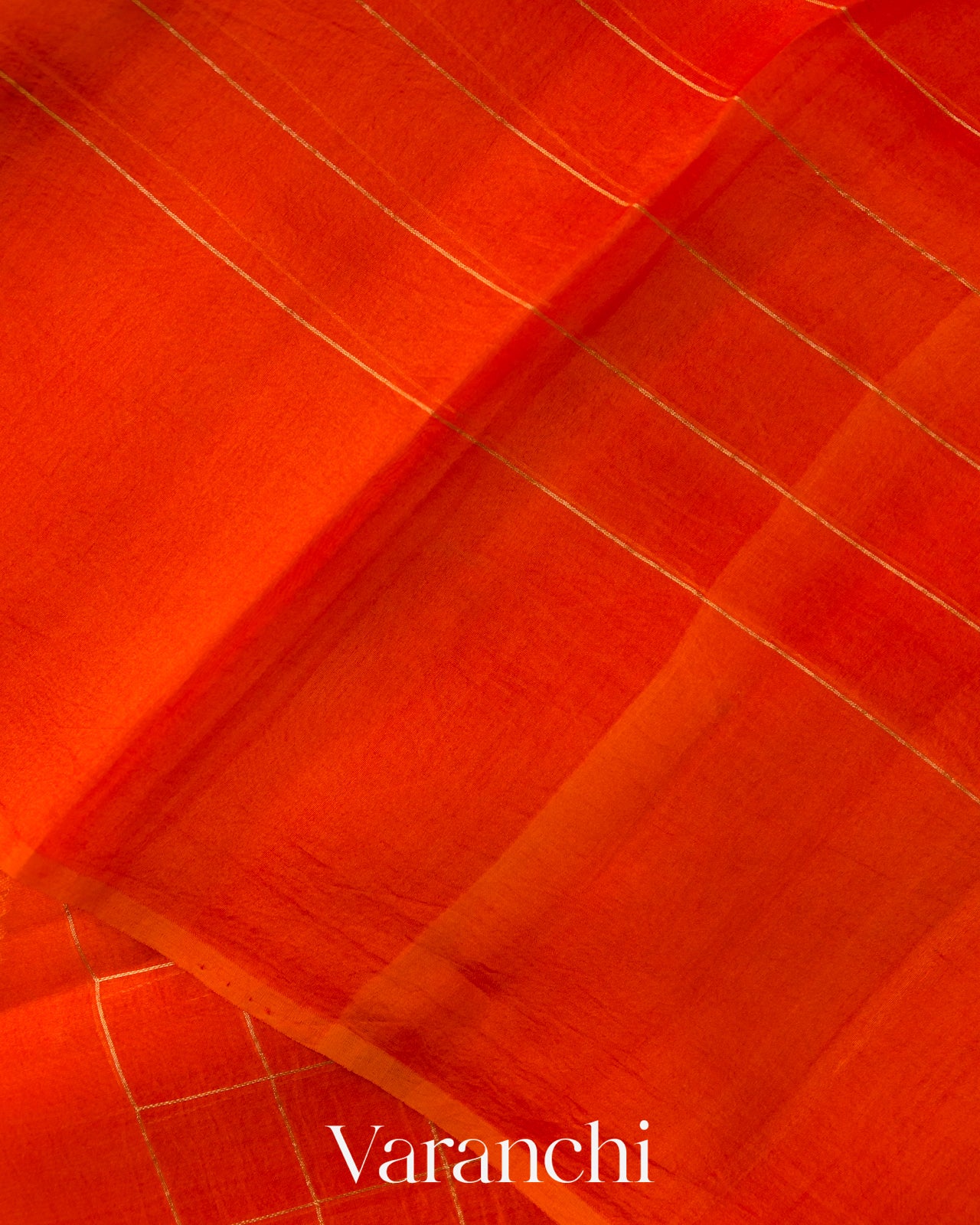 Tangerine Orange Checkered Pure Kora Silk Saree