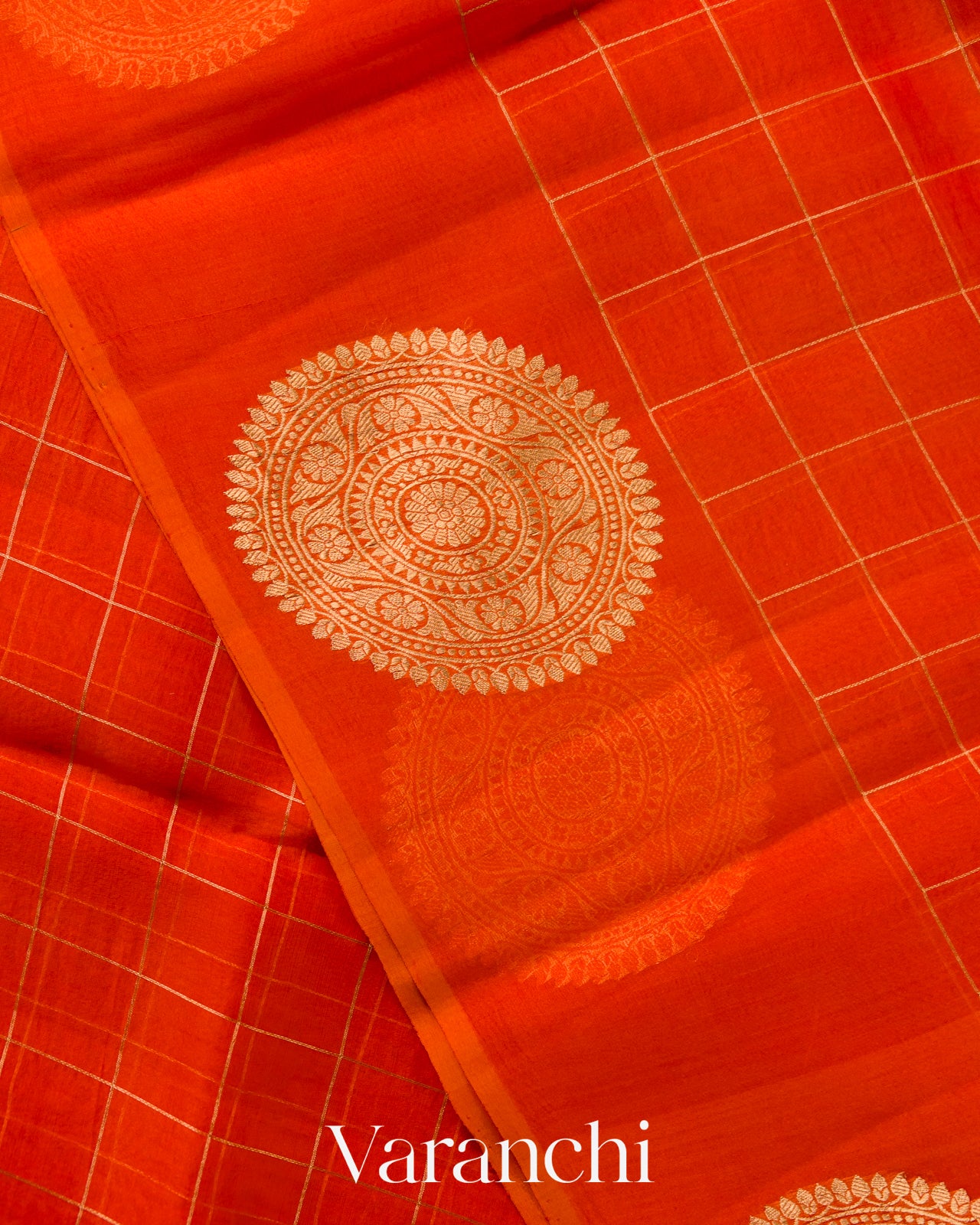 Tangerine Orange Checkered Pure Kora Silk Saree
