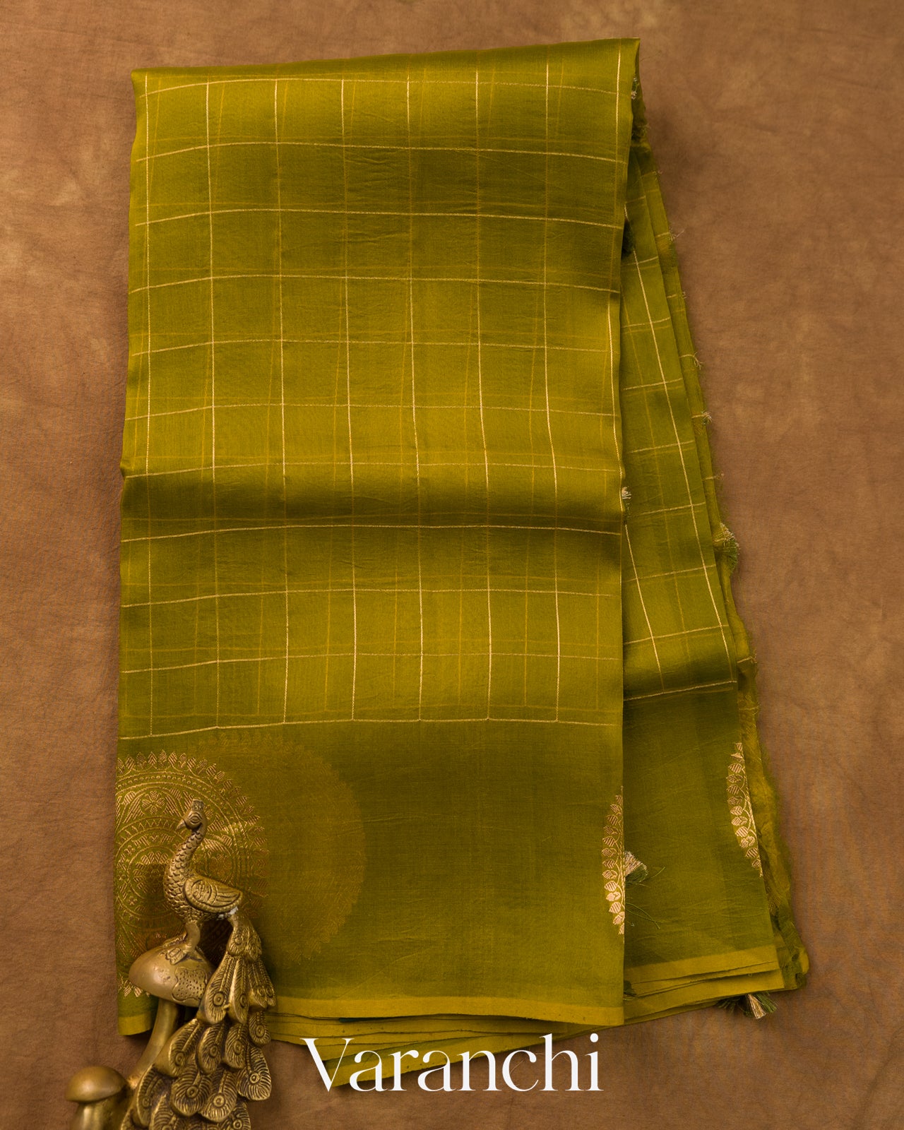 Mehendi Green Checkered Pure Kora Silk Saree