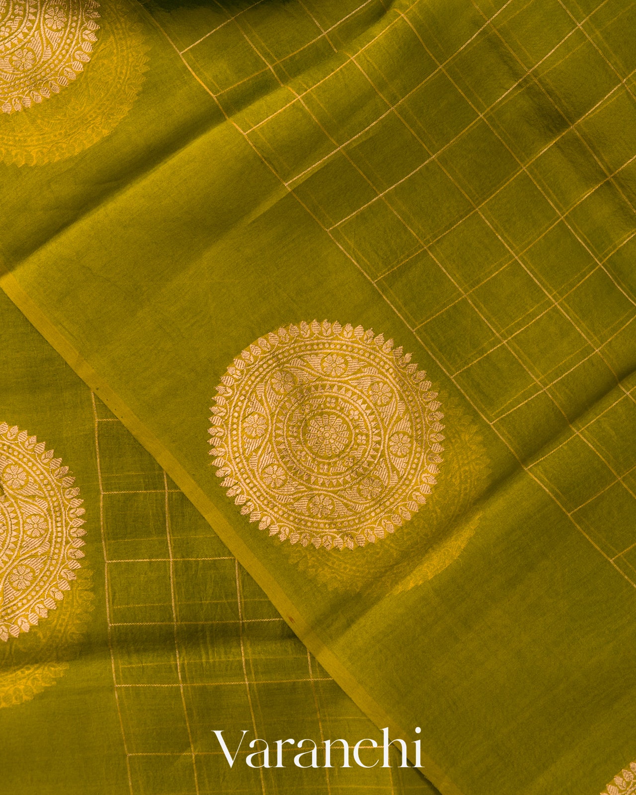 Mehendi Green Checkered Pure Kora Silk Saree