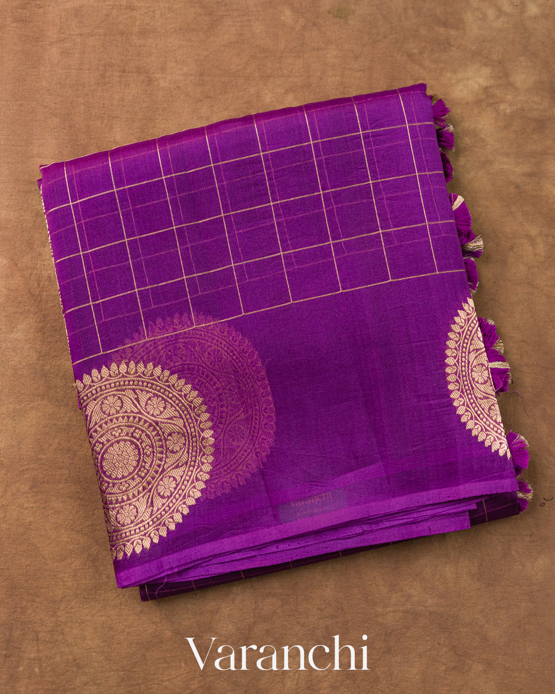 Royal Purple Checkered Pure Kora Silk Handloom Saree