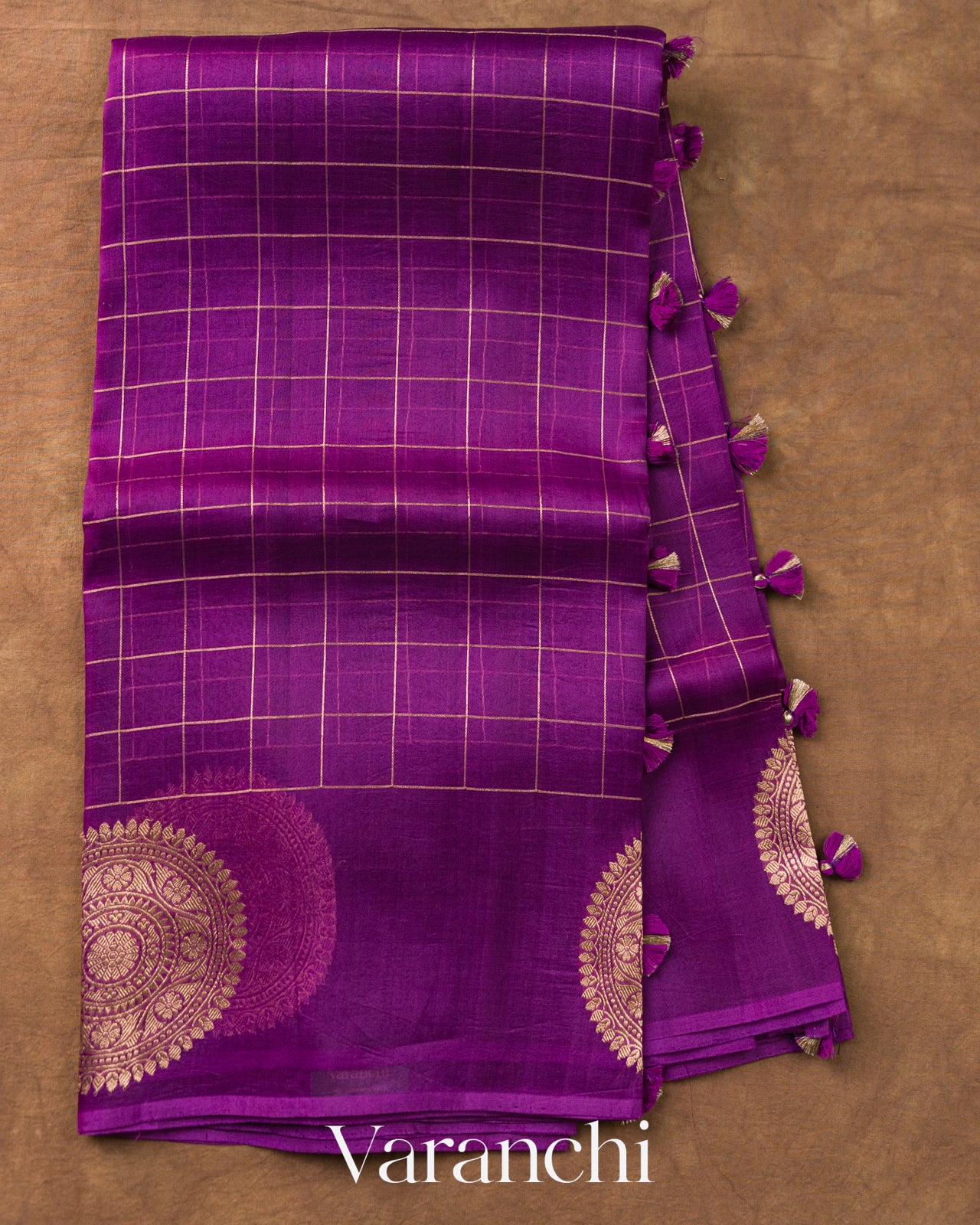 Royal Purple Checkered Pure Kora Silk Saree