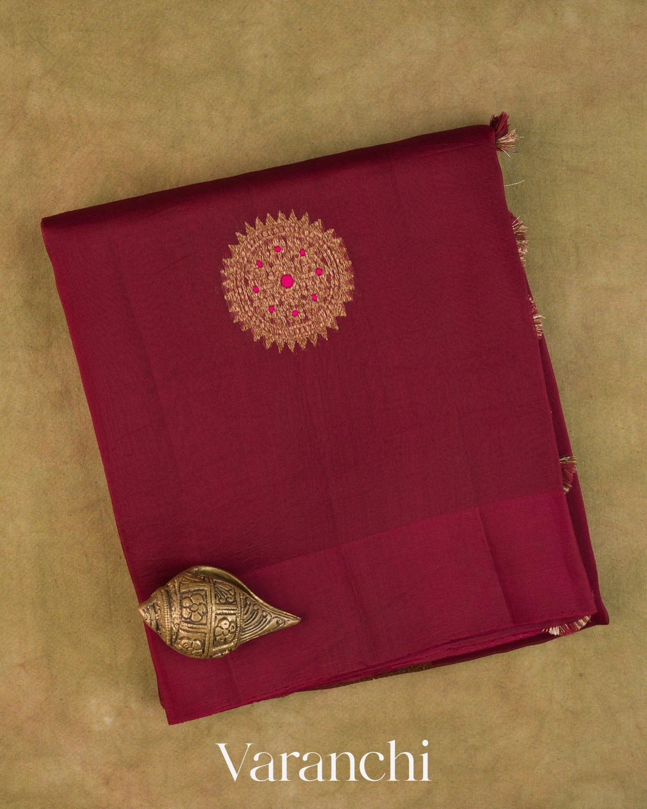 Maroon Embroidered Butta Pure Kora Silk Handloom Saree