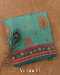 Teal Blue Pure Chiniya Silk Saree